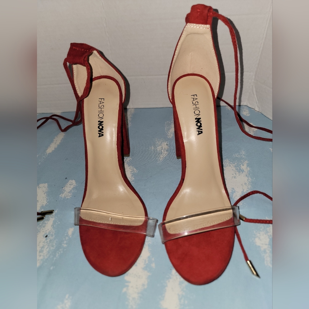 Fashion Nova Red Suede Block Heel Sandals with Clear Toe Strap Size 8 1/2